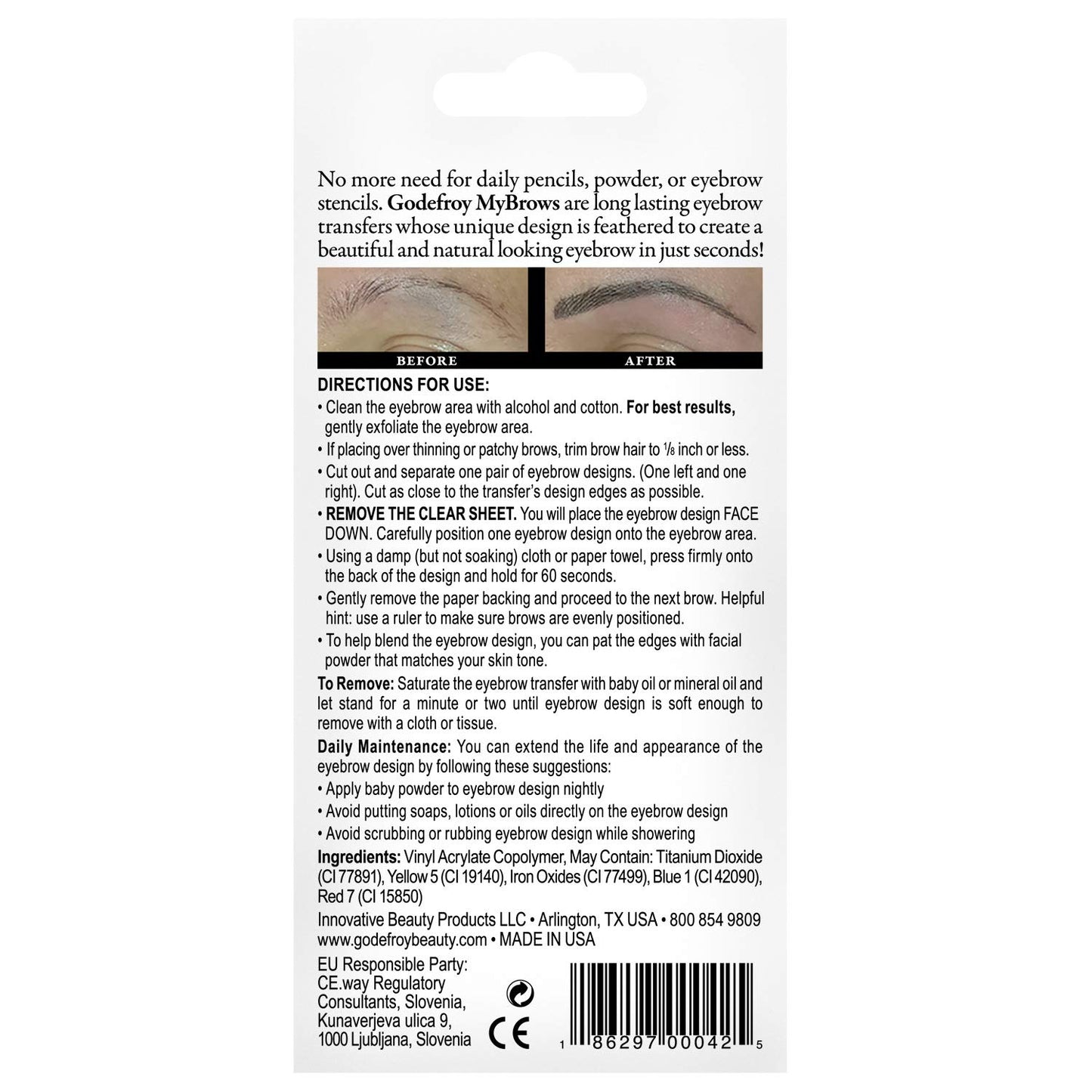 Godefroy MyBrows Long Lasting Eyebrow Transfers, Low Arch, Light Brown, 48-Pairs of Brows (96 Individual transfers)