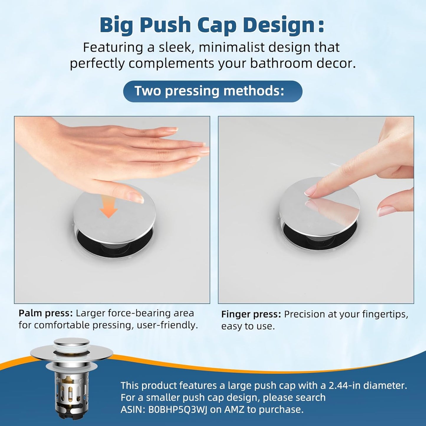 Hibbent 2 Pack Upgraded 3 in 1 Bathroom Sink Drain Strainer, Pop Up Sink Stopper with Big Push Cap, Anti-Clogging Metal Filter Basket,Sink Plug with Hair Catcher for 1.1''~2.36'' Basin, Chrome