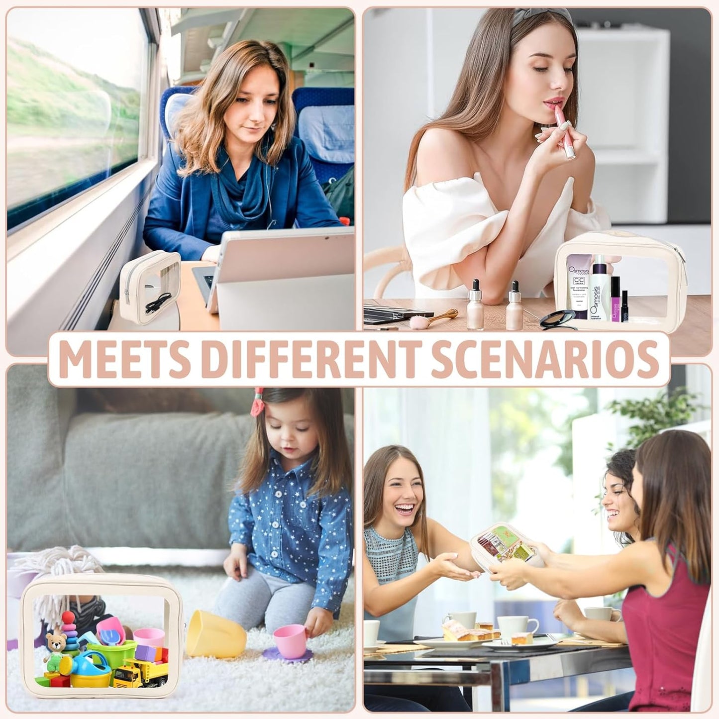 5PCS Diaper Bag Organizer Pouch Set, TSA Approved Toiletry Bag,Clear Waterproof TPU Makeup Bag Set Travel Organizer Bags for Women and Kids