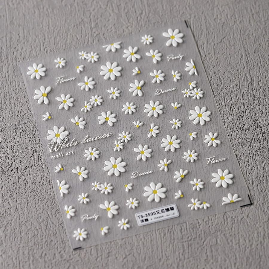 Flower Nail Stickers 5D Embossed Nail Art Stickers Decals White Daisy Floral Nail Design Stickers for Women Girls Self-Adhesive Nail Art Decoration