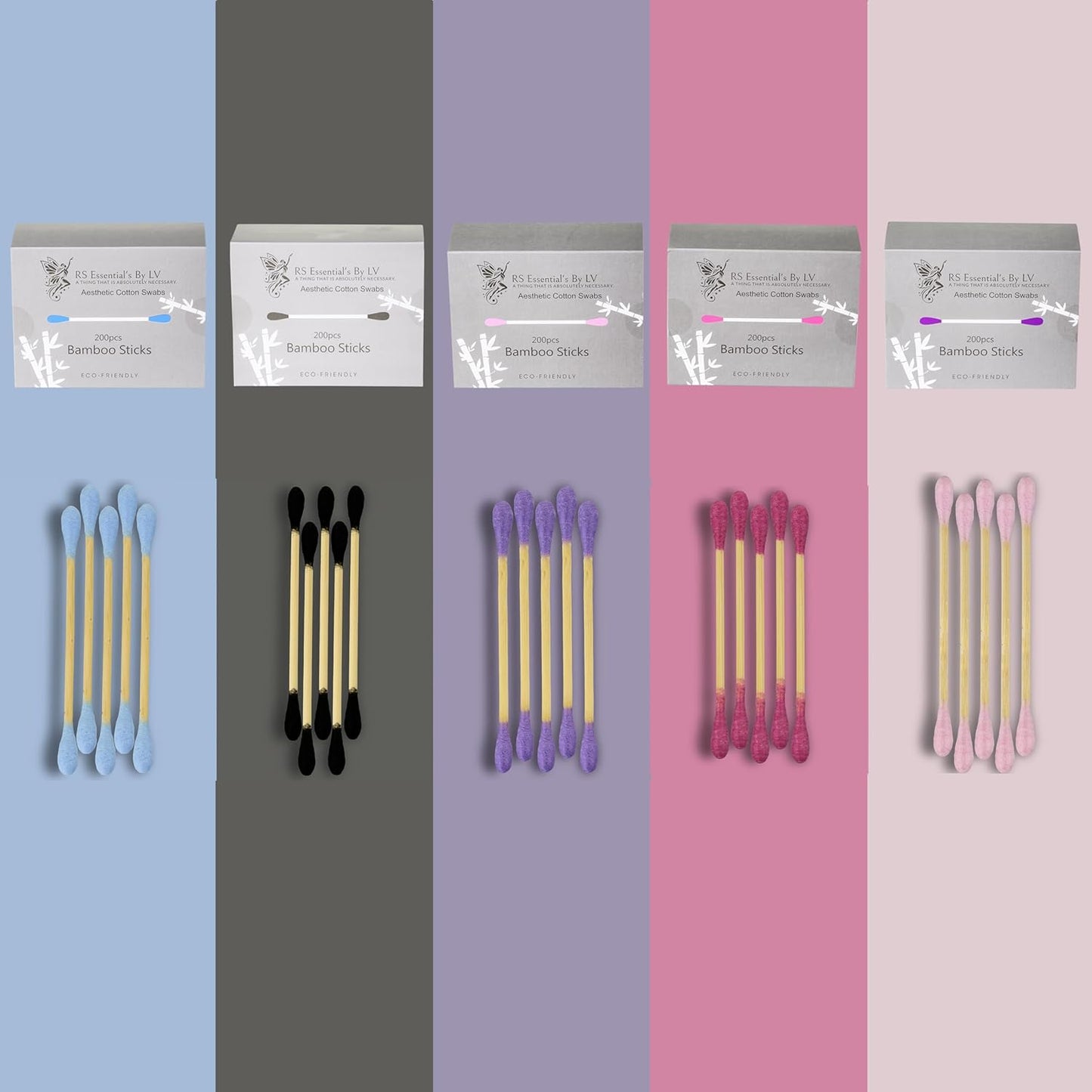 RS ESSENTIAL'S BY LV: Aesthetic Cotton Swabs Sticks Ear Swabs Bamboo swabs 200 Count Cotton Buds In 5 Colorful Colors (Blue)