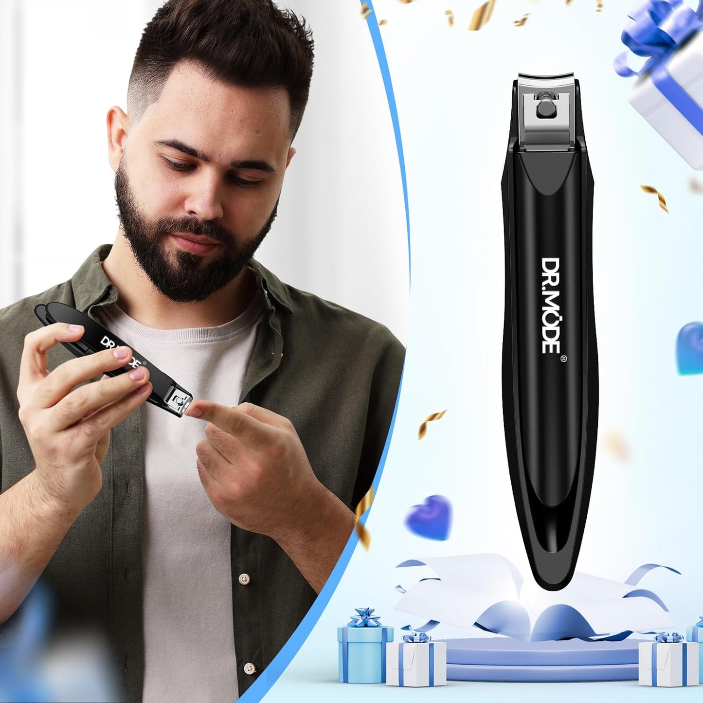 DRMODE Nail Clippers for Men with Catcher, Anti Splash Self-Collecting Finger Nail Clippers Adult with Ergonomics Long Handle, Heavy Duty Mess Free Toenail Clippers Nail Cutter Unique Gifts for Women