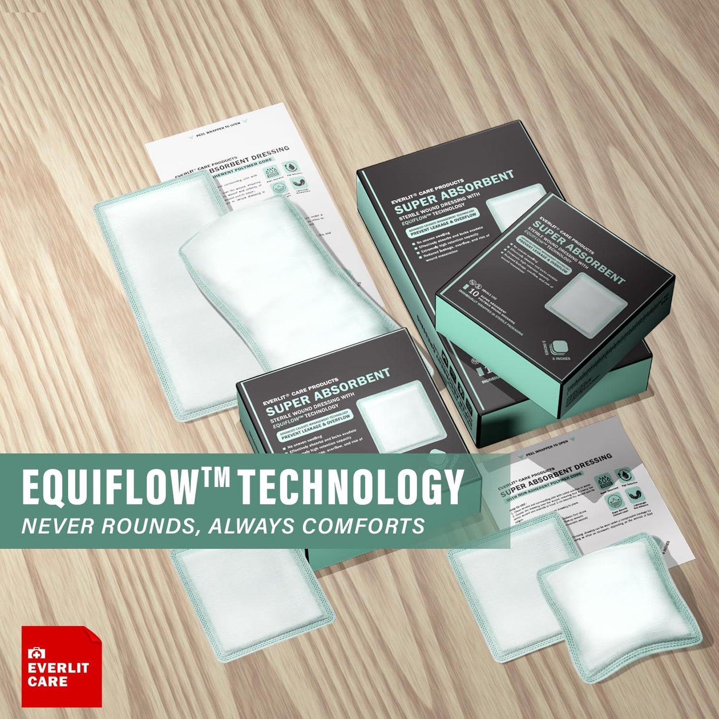 EquiFlow Super Absorbent Dressing for Heavily Exuding Wound | Fast-Absorbing Non-Adhesive Polymer Dressing with Nonstick Gauze Pad | High Absorption & Retention | Pack of 10 (6" x 6")