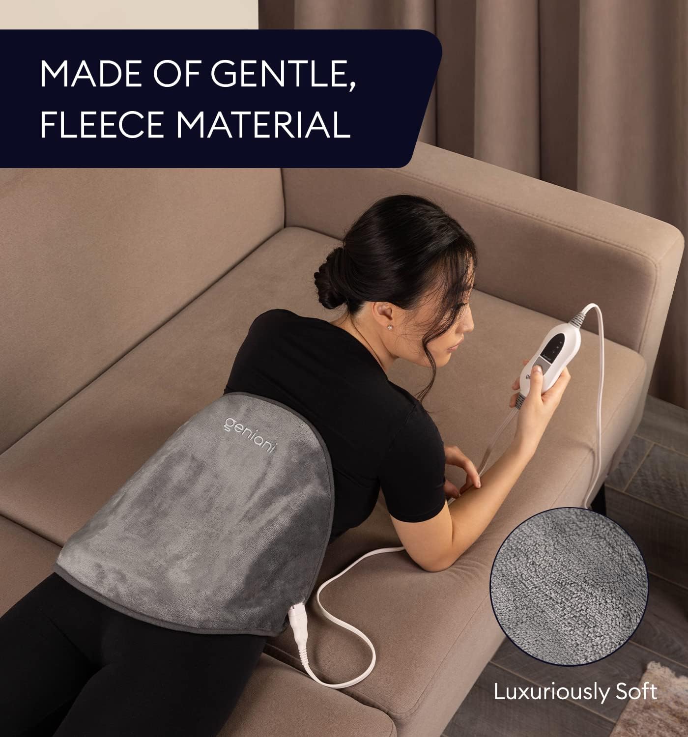 GENIANI Electric Throw - XL Heating Pad for Back and Cramps Relief, 15"x24" Electric Heat Pad with Auto Shut-Off, Adjustable Strap, Soft Fabric, Ideal for Lower Back & Stomach – Gift for Women & Men