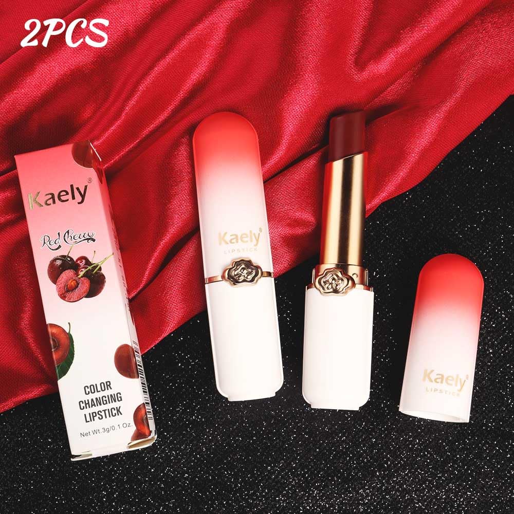 evpct 2Pcs Black Red Cherry Magic Mood Color Changing Lipstick Long Lasting 24 Hours Original for Women, PH Color Change Changing Jelly Lipstick Tinted Lip Balm Gloss Stain Makeup Set labiales magicos