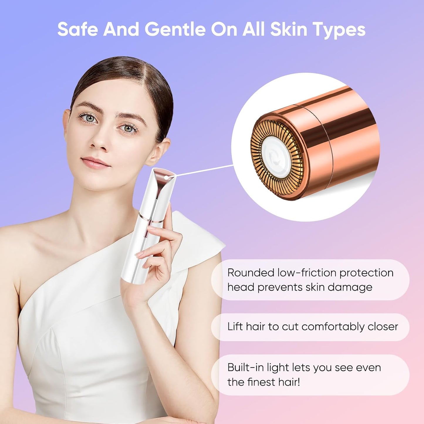 Facial Hair Remover for Women, Device, Remover Women Face, Finishing Touch Upper Lips, Chin & Cheeks, USB Rechargeable with LED LightIncluded Two Replacement Heads (White)