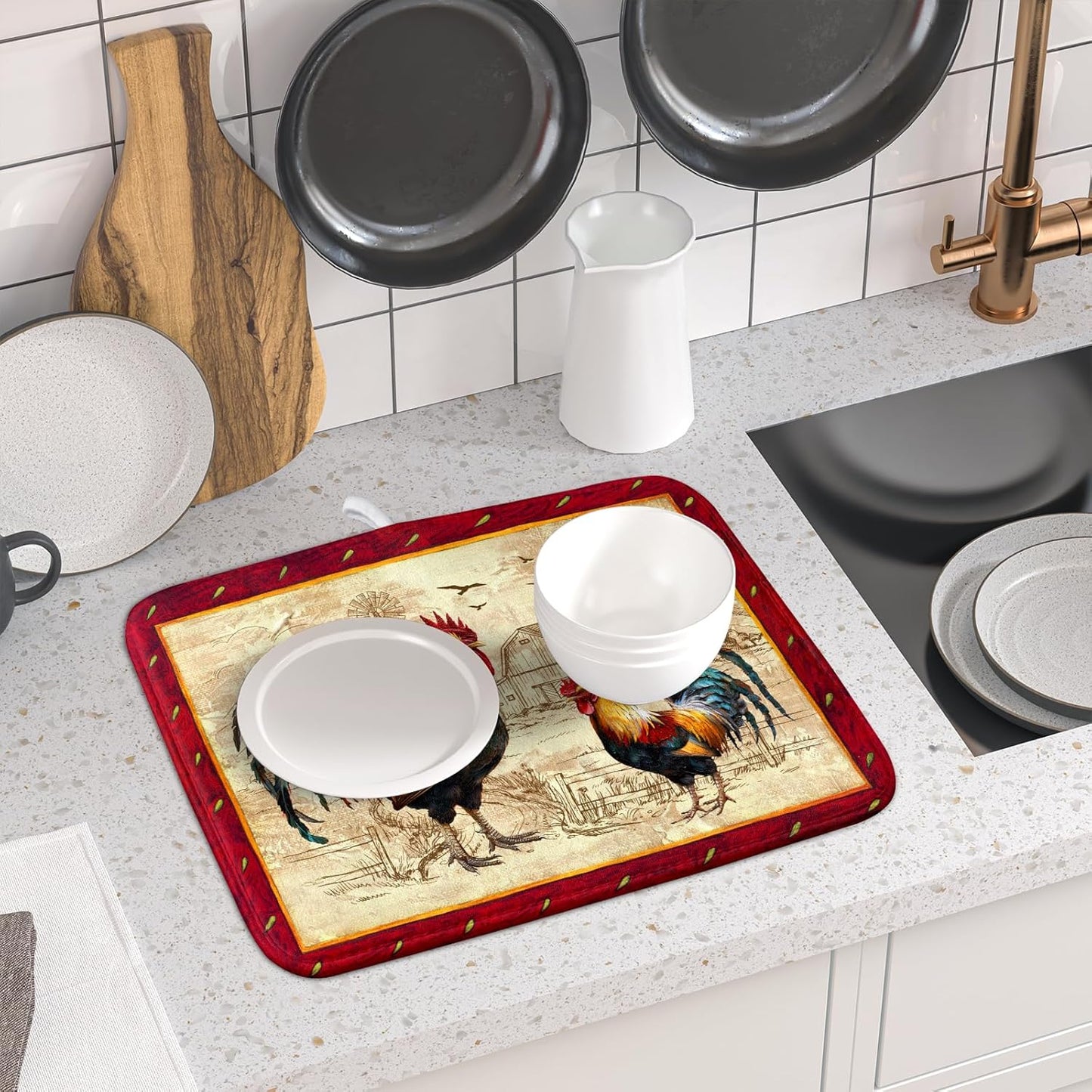 Farm Rooster Dish Drying Mat for Countertop 16x18 Inches Red Rustic Chicken Absorbent Microfiber Dry Dishes Pads Kitchen Counter Accessories