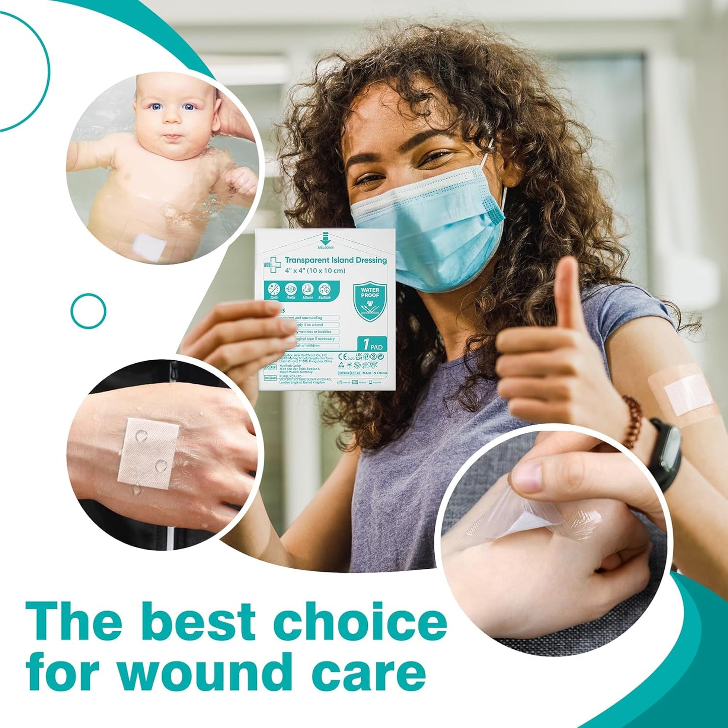 General Medi Waterproof Transparent Adhesive Island Dressing (50 Count, 4" x 4"), Wound Care Pad with Adhesive Border - Sterile, Soft & Highly Absorbent Medical Grade Dressing Pad