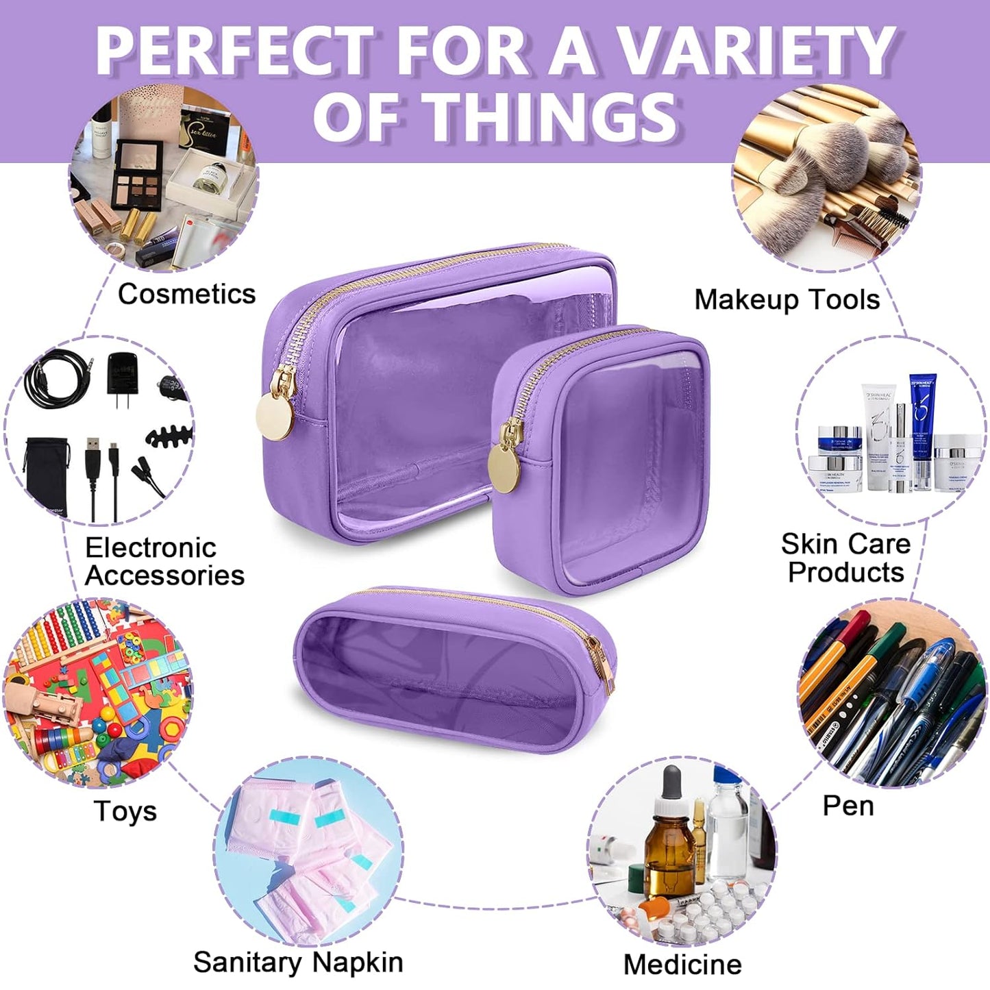 Clear Mini Makeup Bag for Purse, Small Nylon&PVC Cosmetic Travel Bag TSA Approved Toiletry Bag with Zipper, Preppy Transparent Makeup Travel Bag Coin Purse for Women Men Girls(Mini-Purple)