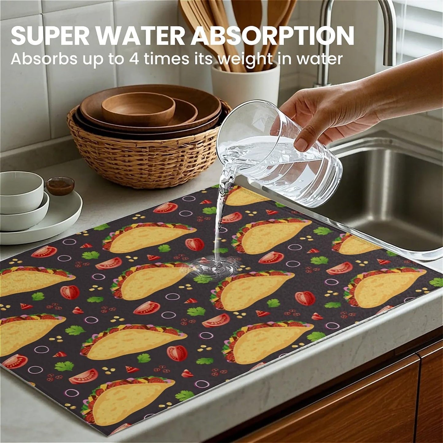 Dish Drying Mat For Kitchen Counter, Tacos Microfiber Absorbent Dish Drainer Rack Pad Reusable Large 18x24in Drying Mat