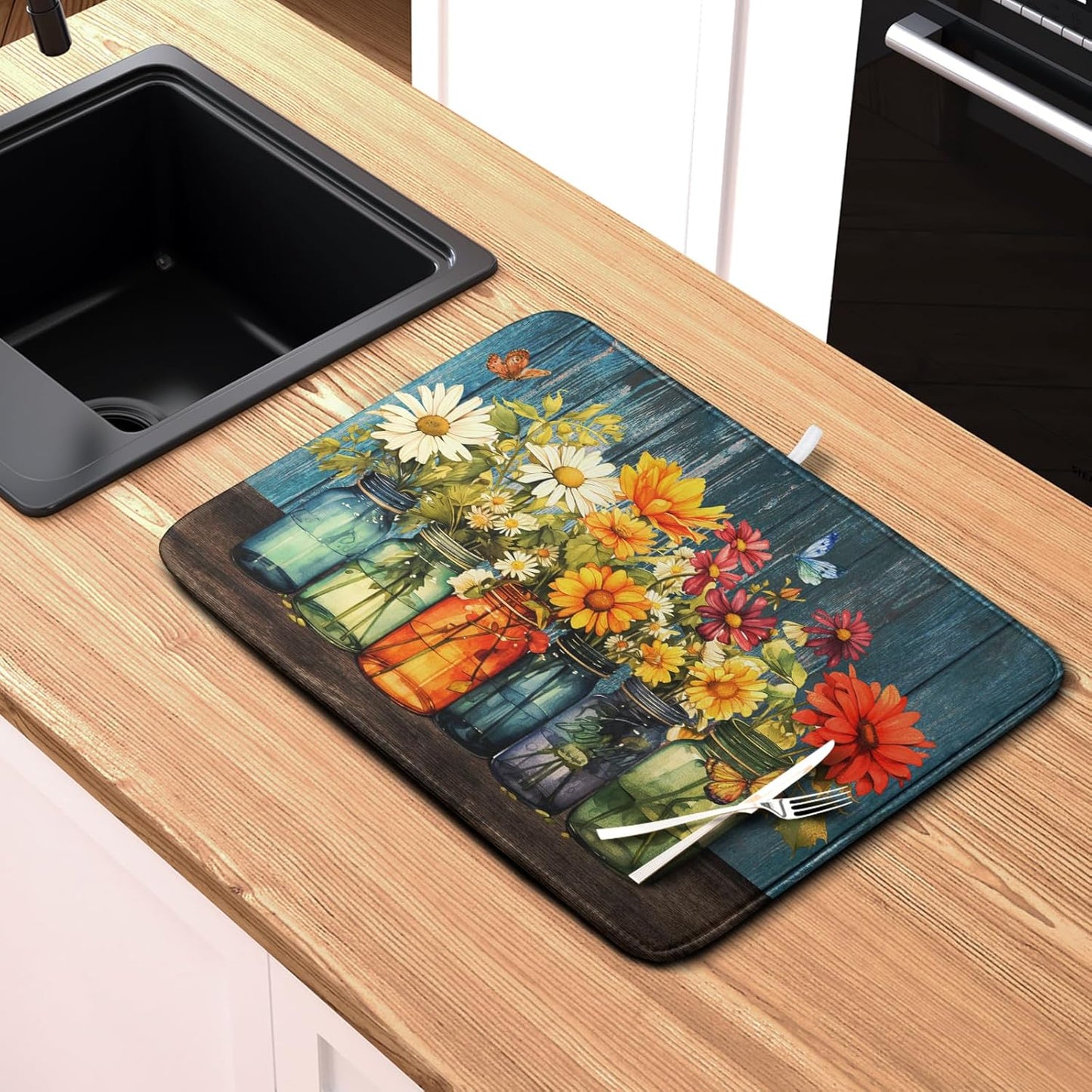 Daisy Dish Drying Mat for Kitchen Counter 18x24 Inch Rustic Vintage Flower Vases Drying Mats Microfiber Absorbent Dishes Drainer Mats Farmhouse Floral Wooden Board Dish Rack Pad