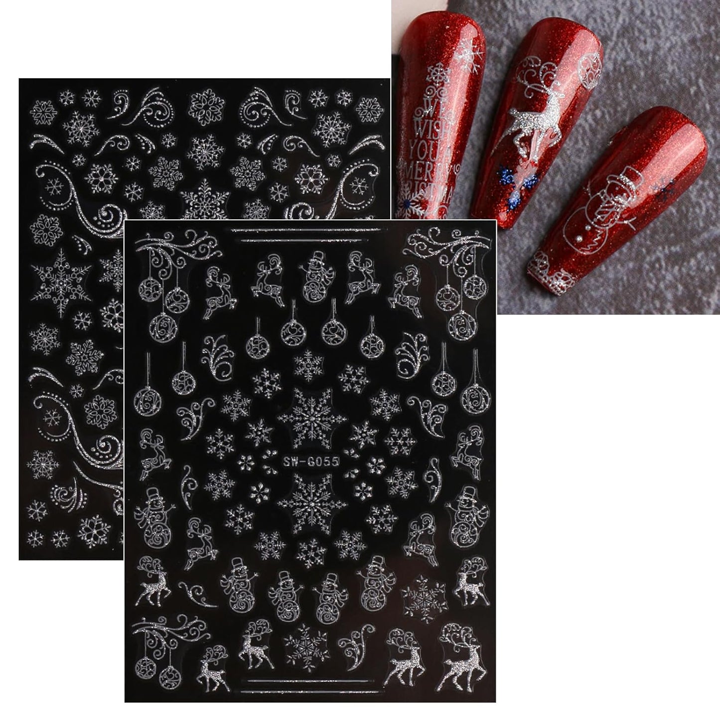 JMEOWIO 9 Sheets Christmas Glitter Nail Art Stickers Decals Self-Adhesive Snowflake Winter Holiday Silver Nail Supplies Nail Art Design Decoration Accessories