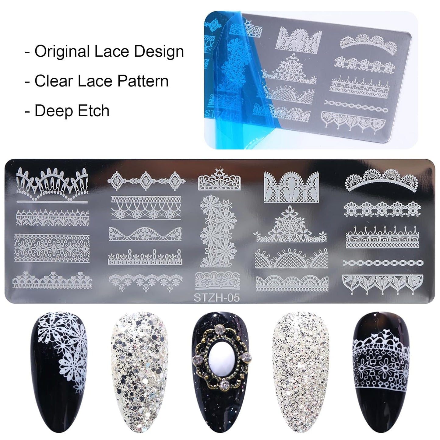 6pcs Lace Flower Design Nail Stamping Plate Kit With French Tip Nail Stamper Kit Ribbon Bow Knot Nail Stencil Reusable Stainless Steel Manicure Tool Nail Supplies for Salon DIY