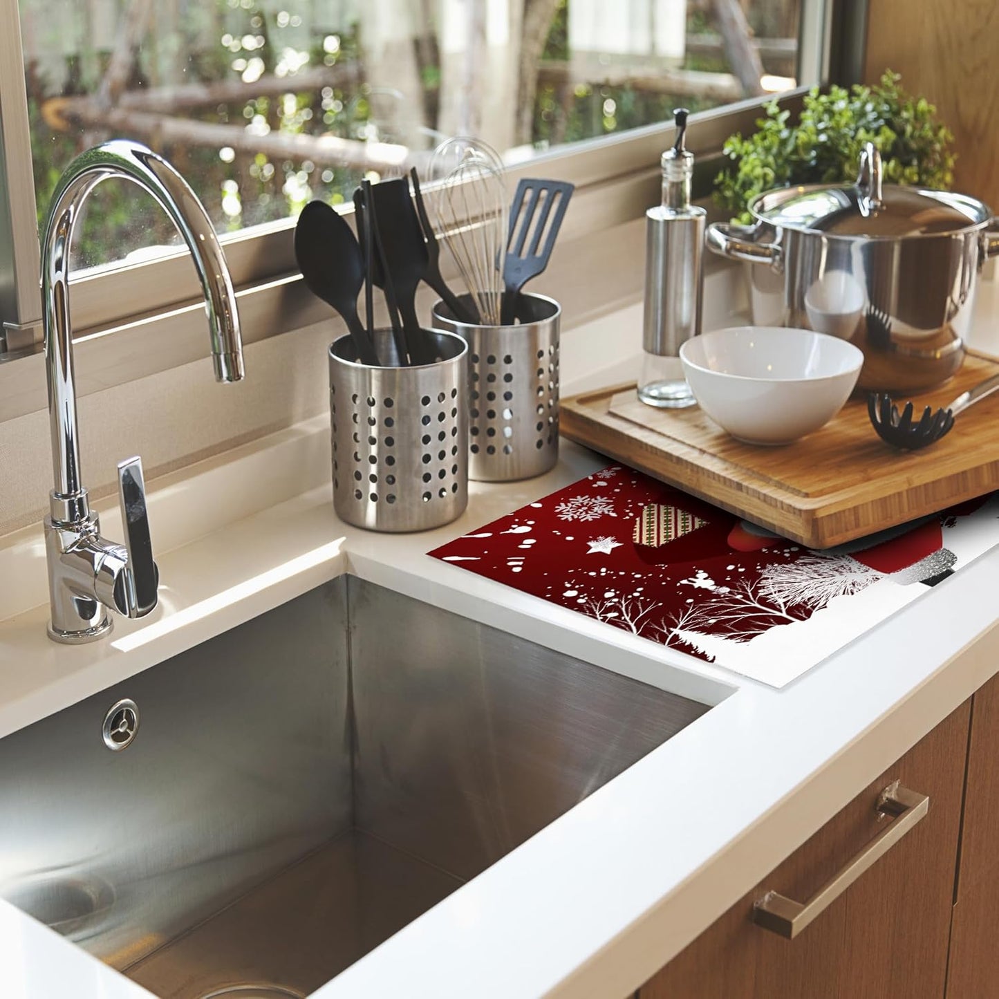 Christmas Santa Claus Dish Drying Mats 18x24 Inch,Christmas Snowflakes Dish Pad Drying Rack Mat for Kitchen Counter Ultra Absorbent Microfiber Dishware Coffee Maker Bar Countertop Decor