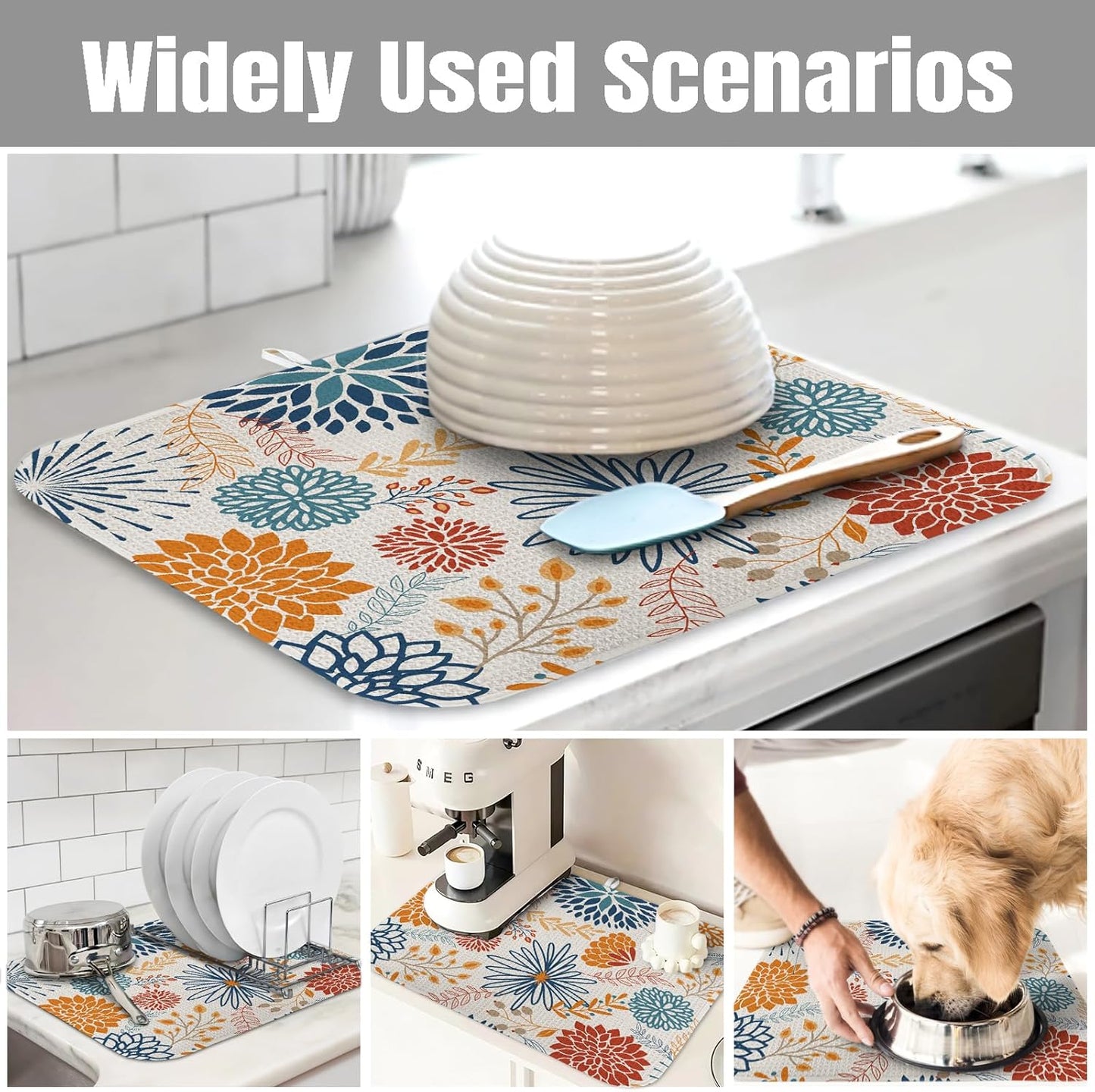 Dish Drying Mat for Kitchen Counter Large 18" x 24" Modern Flower Absorbent Microfiber Dishes Drainer Rack Mats Pad Reusable Washable