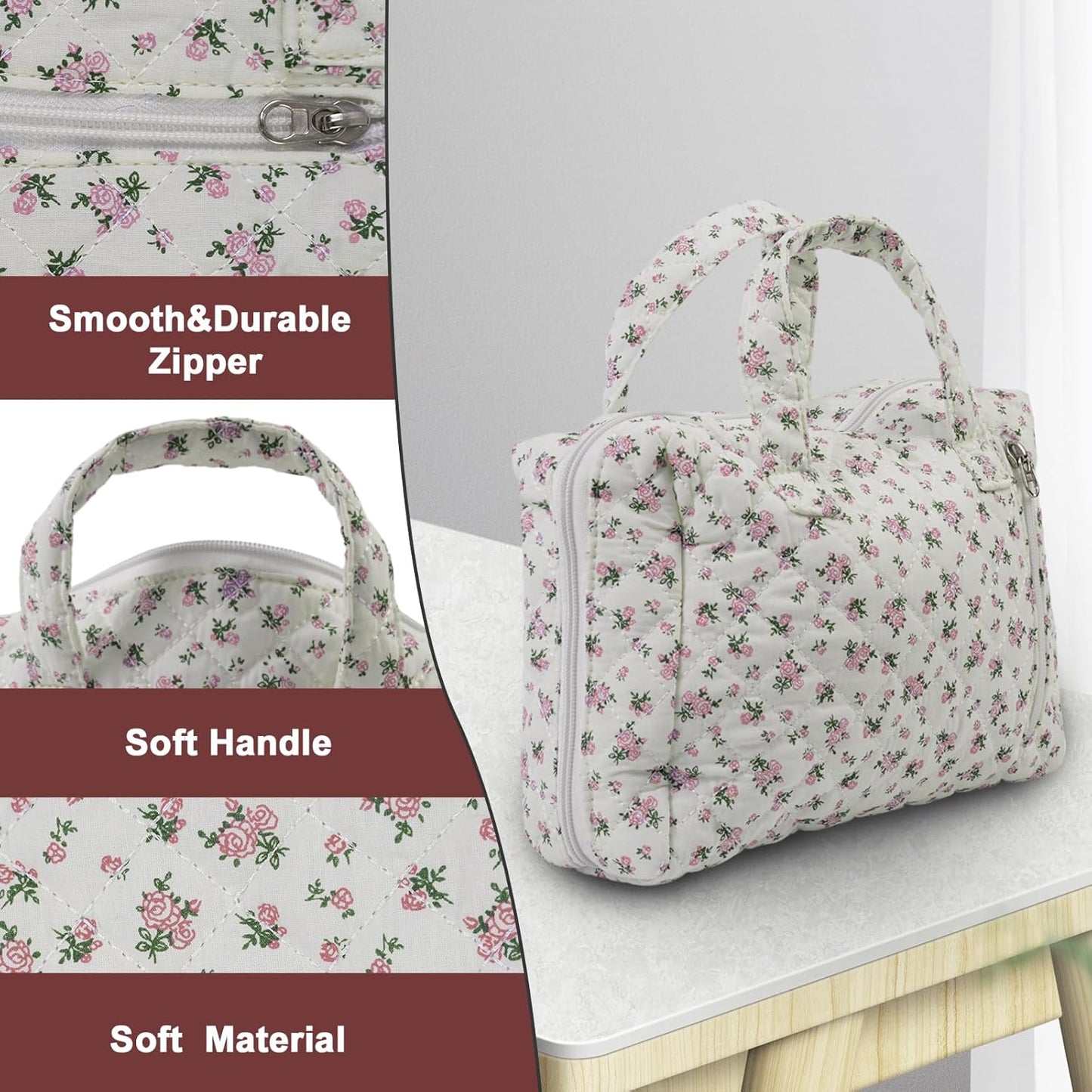 Cute Quilted Floral Makeup Bag(2Pcs),Coquette Aesthetic Cosmetic Bag,Travel Toiletry Bags, Kawaii Aesthetic pouch for Women (12-Pink)