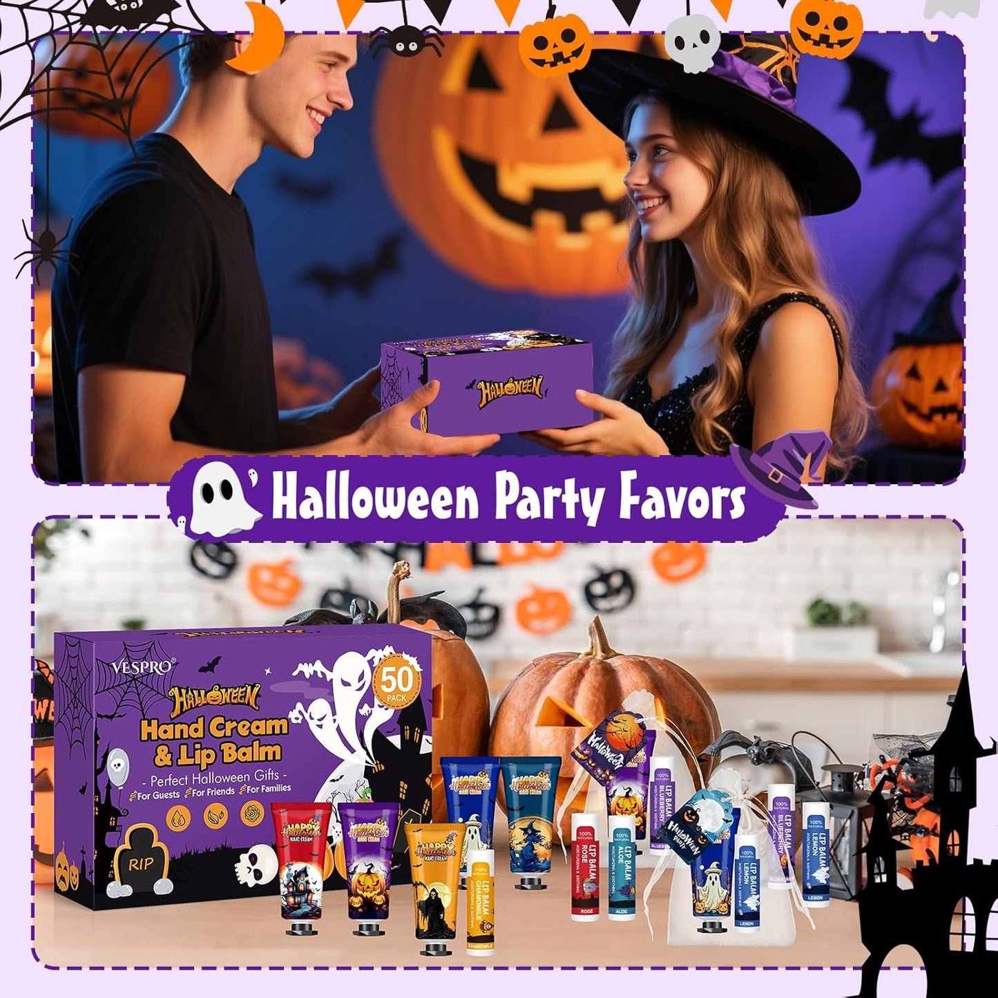 VESPRO 50 Pack Halloween Hand Cream and Lip Balm Set, Bulk Halloween Gifts with Halloween Cards and Organza Bag, Halloween Decorations and Halloween Party Favors Goodies for Women