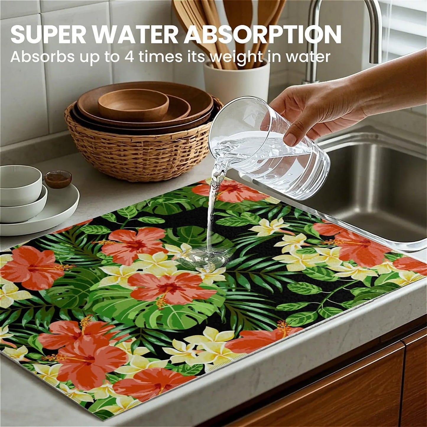 Dish Drying Mat For Kitchen Counter, Tropical Flower On Black Microfiber Absorbent Dish Drainer Rack Pad Reusable Large 18x24in Drying Mat