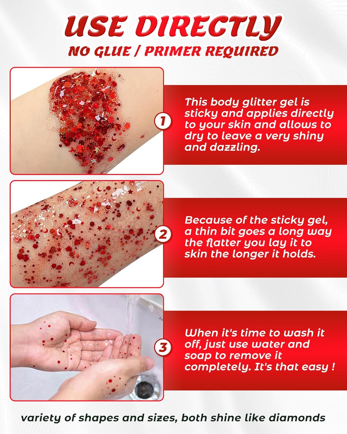 6PCS Red Face Body Glitter Gel,Holographic Chunky Sequins Body Glitter Paint for Party Singer Concerts Music Festival Rave Accessories for Girls Women Face Body DIY Sparkling Makeup