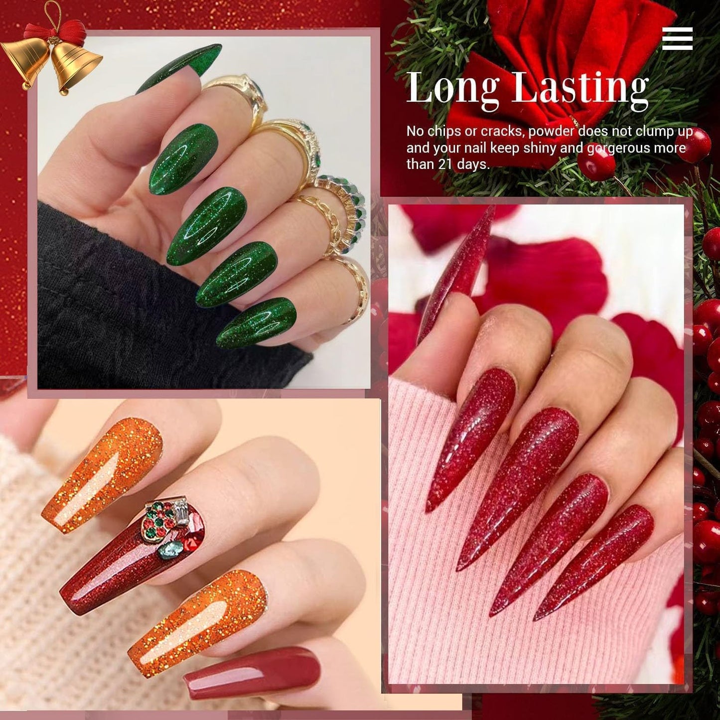 Honey Joy Dip Powder Nail Kit Starter, 4 Colors Halloween Christmas Green Red Black Orange Glitter Dipping Powder Liquid Set with Base Top Coat for Nail Art Manicure Salon DIY, Dip-7pcs-No.11