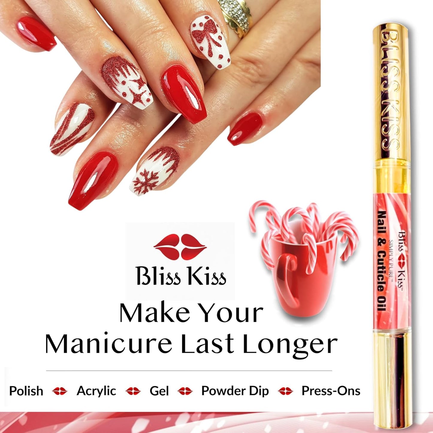 Bliss Kiss | 1 Candy Cane Fragrance | Nail Oil Cuticle Pen w/Vitamin E & Jojoba⏤Nail Strengthener Nail Growth Serum for Brittle Peeling Breaking Thin Nails
