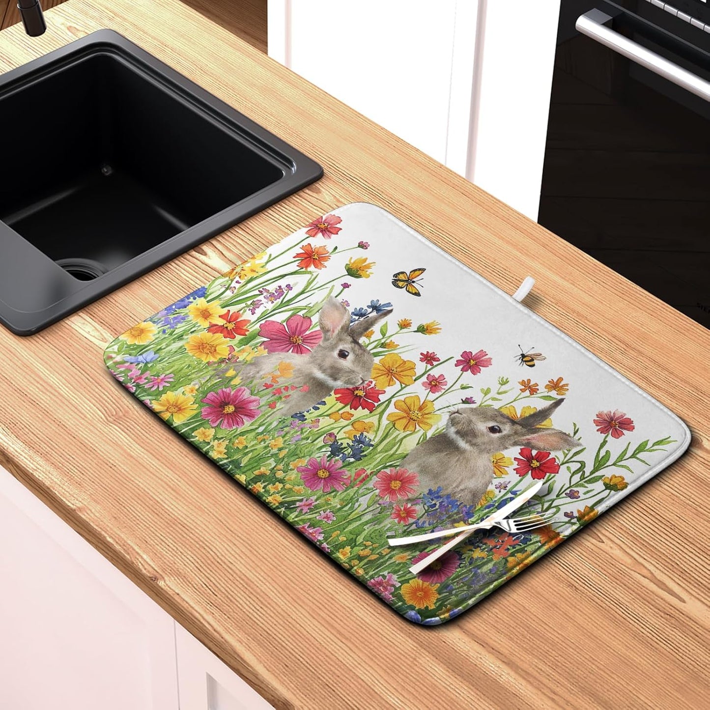 Easter Dish Drying Mat for Kitchen Counter Easter Bunny Flowers Dish Drying Pad Spring Rabbit Floral Dishes Drainer Mats Absorbent Microfiber Kitchen Countertop Protector Drying Mats 16x18 in