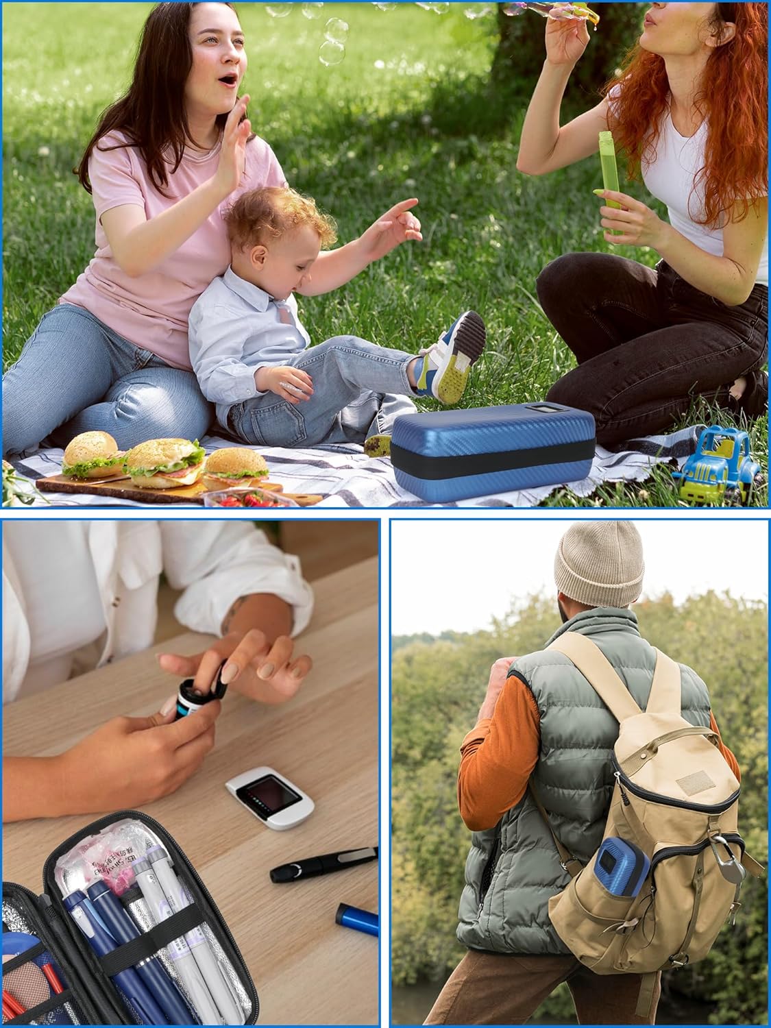 Insulin Cooler Travel Case with 2 TSA Approved Gel Ice Pack, Temperature Display Refrigerated Medicine Travel Case for Insulin Syringe and Diabetic Supplies (Blue)