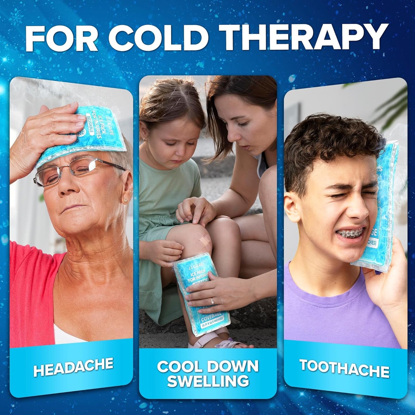 JJ CARE Gel Ice Packs Reusable (Pack of 2, XL) - Ice Packs for Injuries Reusable - Soft Ice Pack for Injuries with Wrap - Flexible Therapy, for Knee, Back, Neck, Wrist, & Ankle