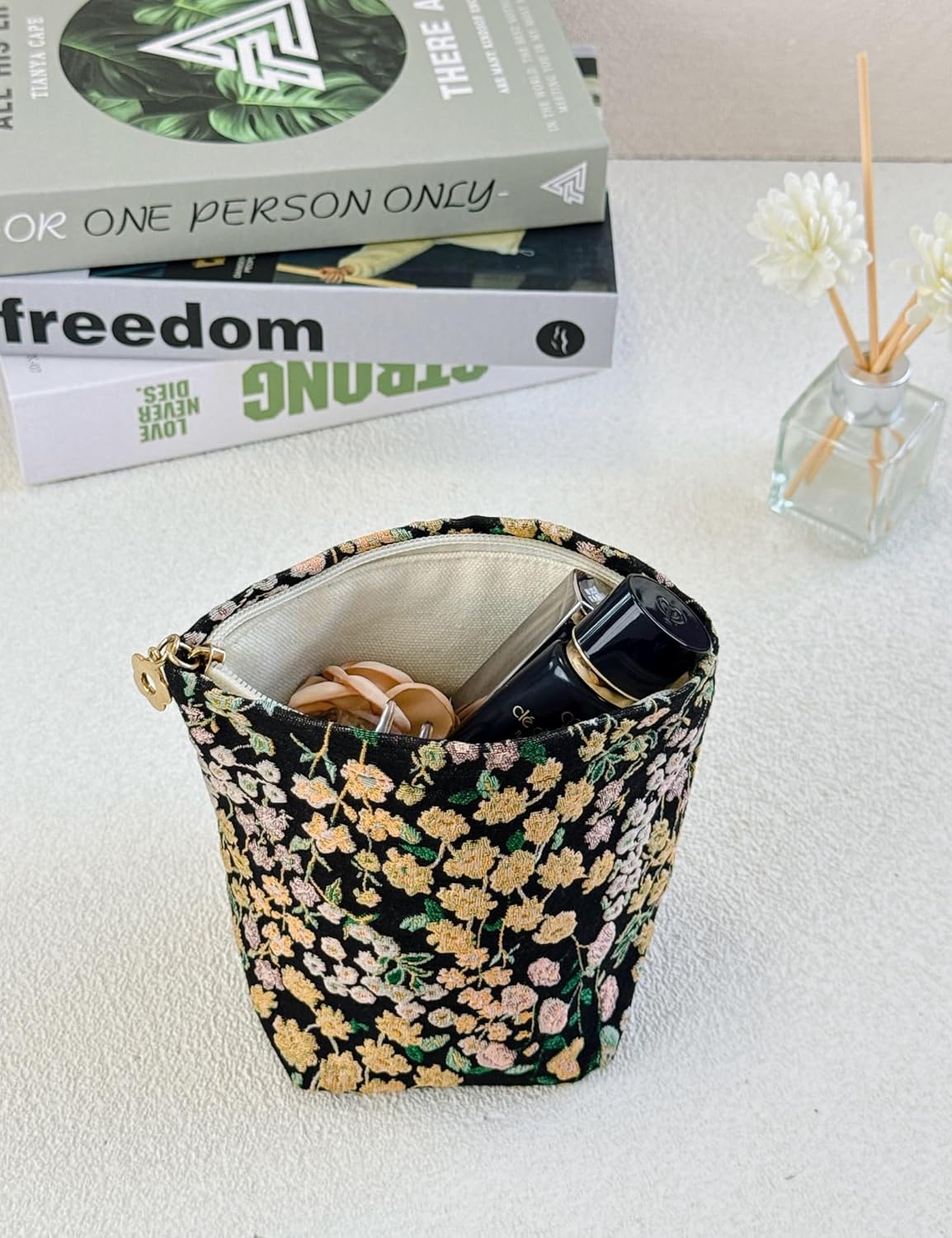 2 Pcs Makeup Bags, Large Cosmetic Bag Travel Toiletry Bag Organizer for Women, Embroidery Craft, Floral Makeup Bag Small Cosmetic Pouch Purse with Zipper Gifts for Girls Teen