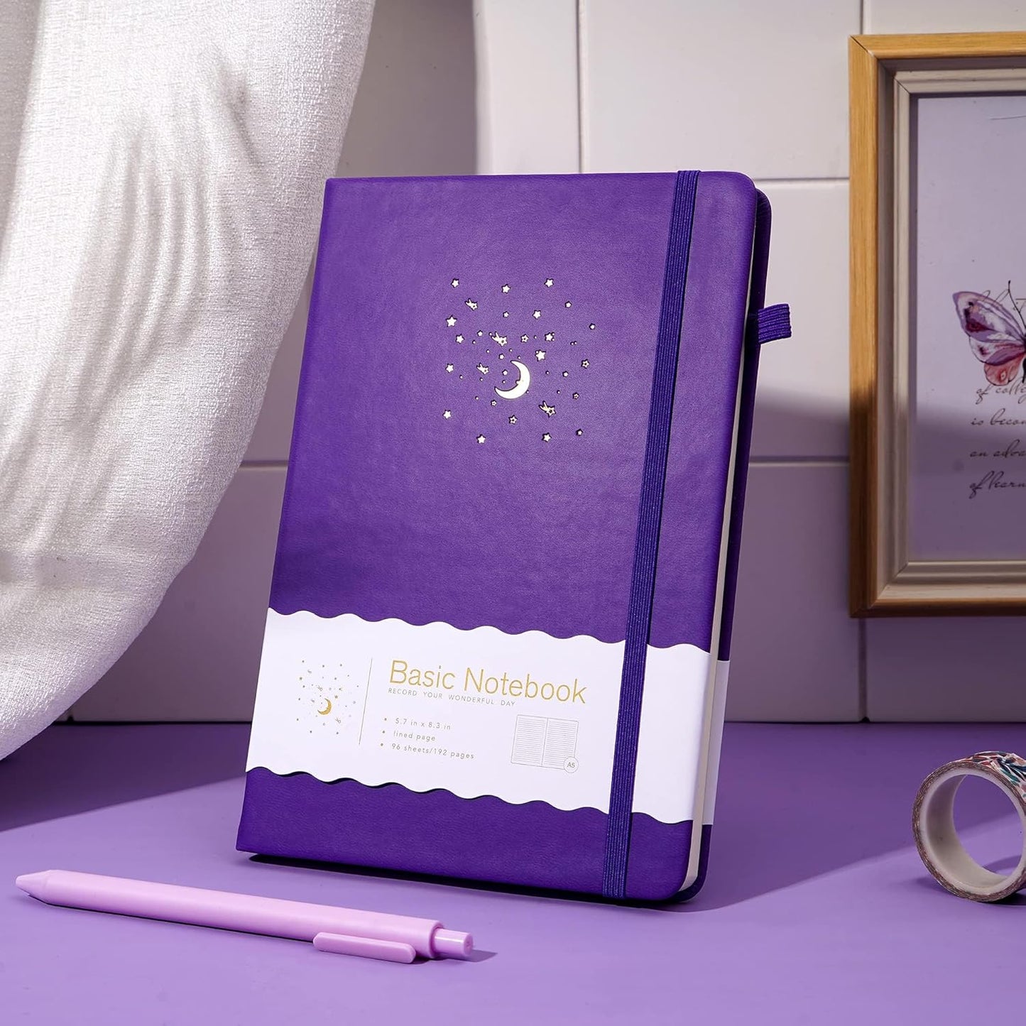 CAGIE Lined Journal Notebook for Work, Hardcover Notebook Journal with Pen Loop, A5 Notebook Journal Cover, Medium 5.7" x 8.3", (Purple Ruled), Gifts