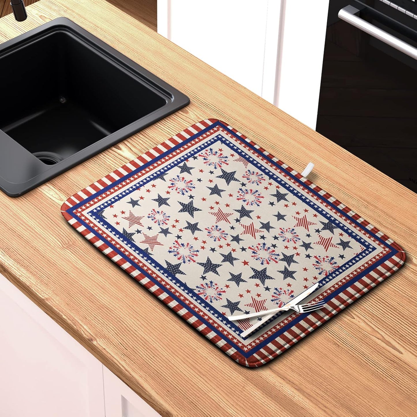 Happy 4th of July Patriotic Dish Drying Mat 16 x 18 Inch US Independence Day Vintage Star Kitchen Drying Mat Blue White Red Dish Drainer Mats Super Absorbent Dish Rack Pad for Coffee Bar Sinks