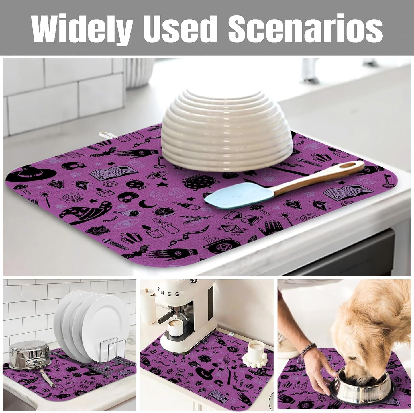 Dish Drying Mat for Kitchen Counter Large 18" x 24" Purple Halloween Witch Absorbent Microfiber Dishes Drainer Rack Mats Pad Reusable Washable