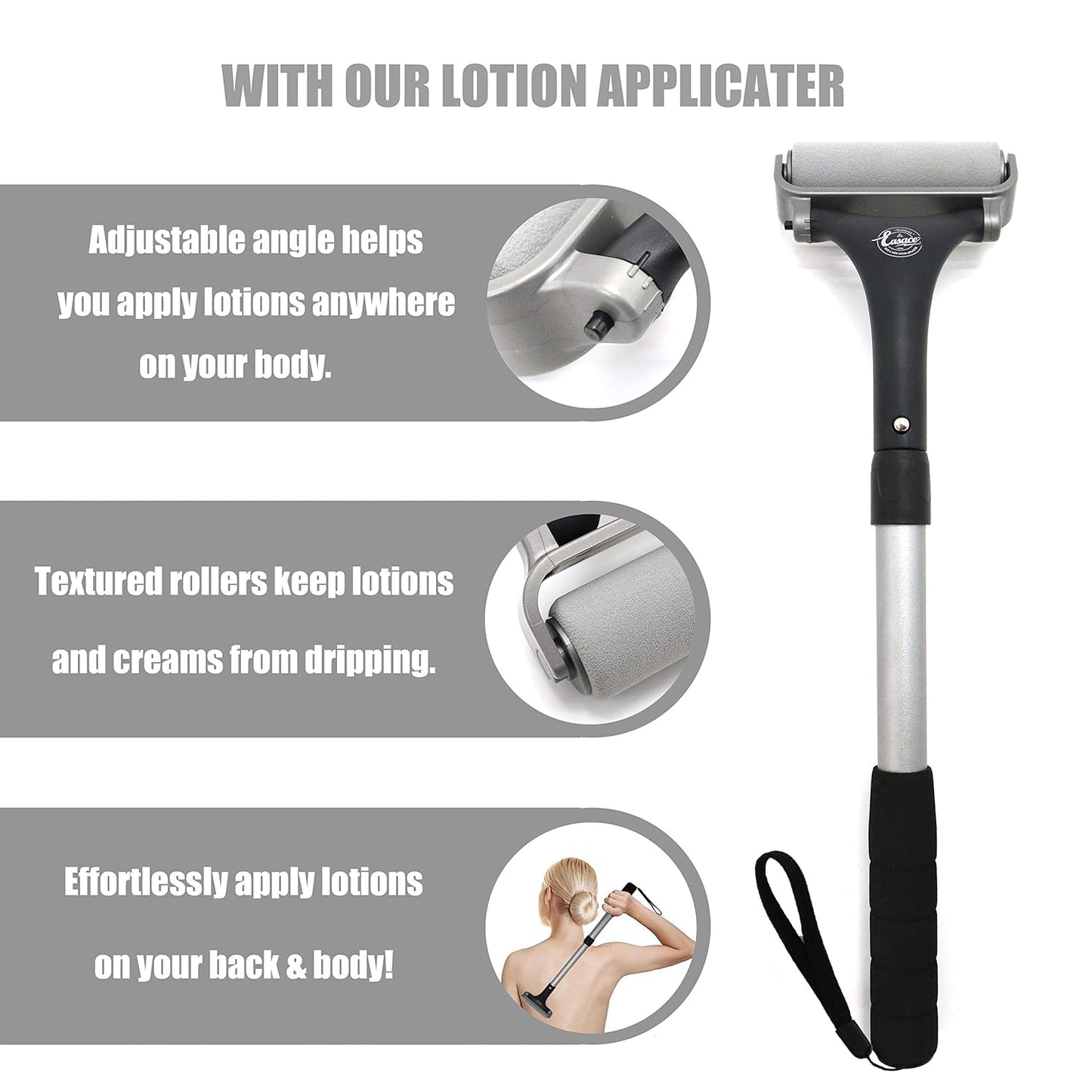 EASACE Lotion Applicator for Back & Body, Long Handle 21.5inch Adjustable Lotion Roller with 2 Replacement Roller for Back self(Silver)