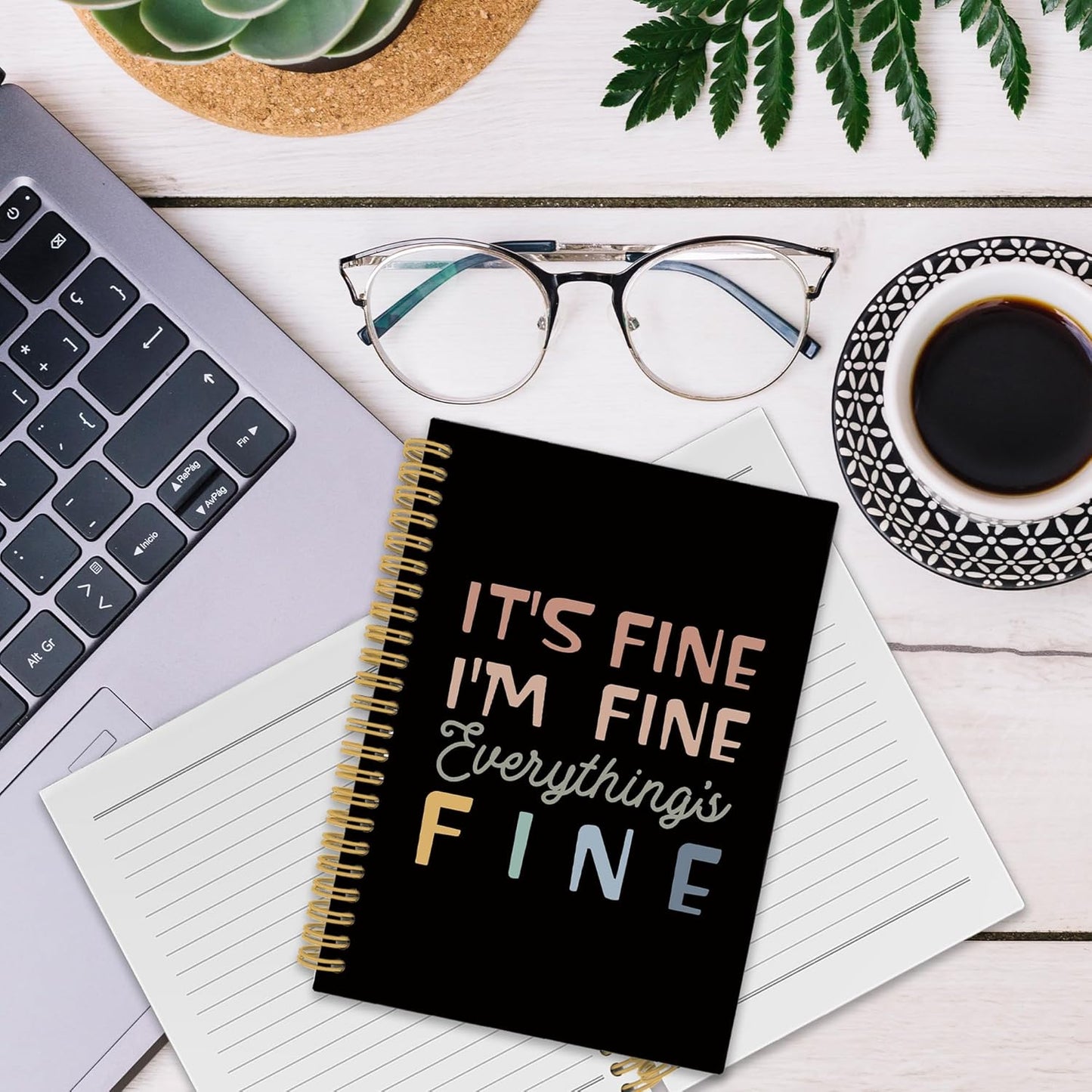 XPH Funny Black Spiral Notebook, It's Fine I'm Everything Is Fine Journaling Notebooks for Women Men, Humorous Hardcover Journals for Office 160 Pages 5.5 x 8.3 Inch, Sarcastic Gifts for Coworkers
