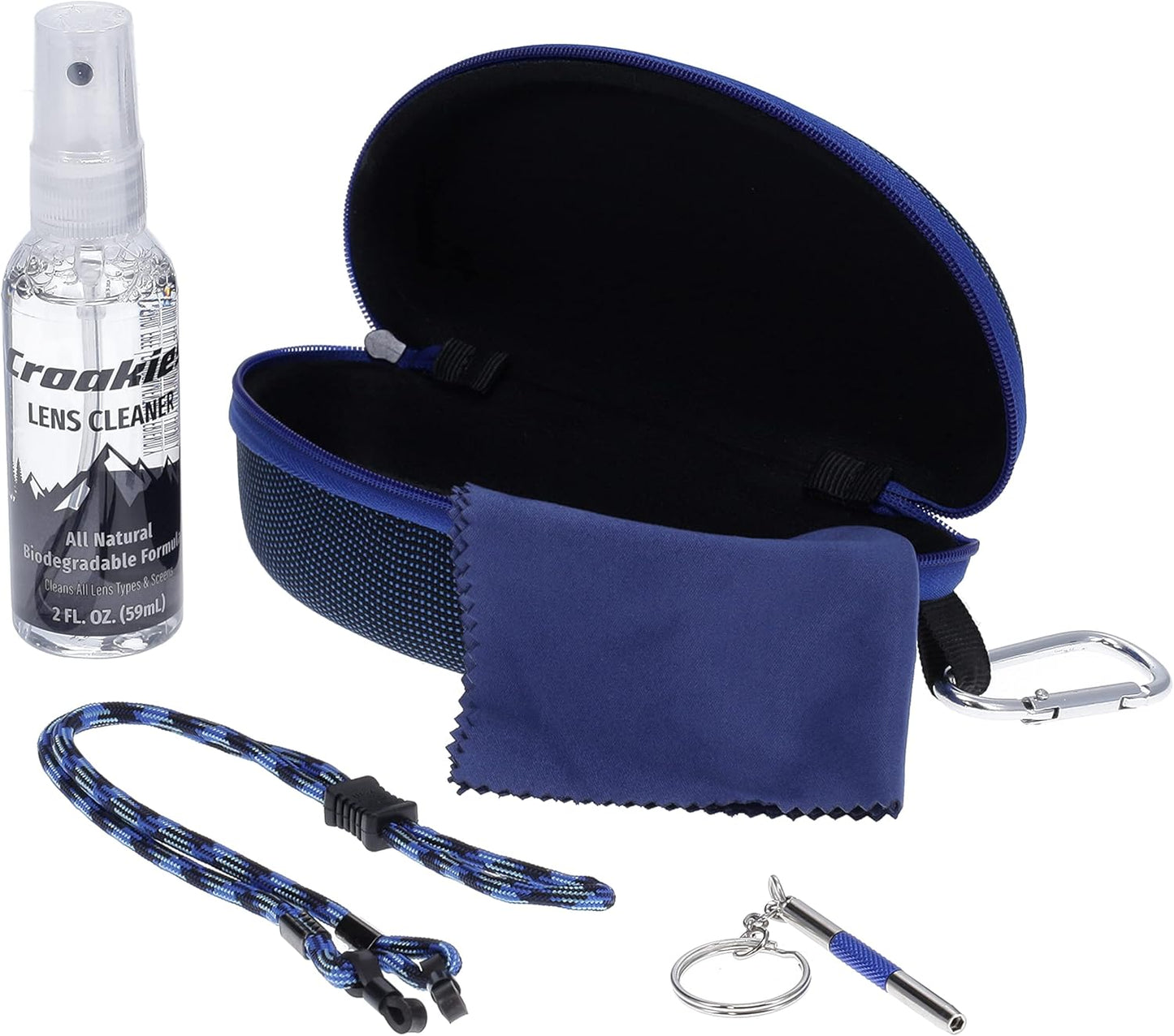 Croakies Eyewear Care Kit with 1(2oz) All Natural VOC Free Lens Cleaner + (1) Hard Case + (1) Microfiber Cloth + (1) Eyewear Retainer + (1) Repair Tool (Blue)