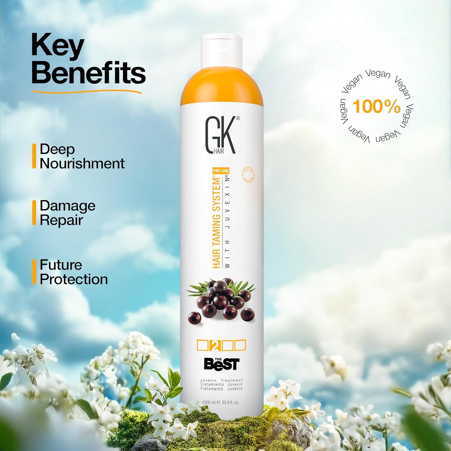GK HAIR Global Keratin The Best ACAI (33.8 Fl Oz/1000ml) Smoothing Keratin Hair Treatment - Professional Brazilian Complex Blowout Straightening For Silky Smooth & Frizz Free Hair