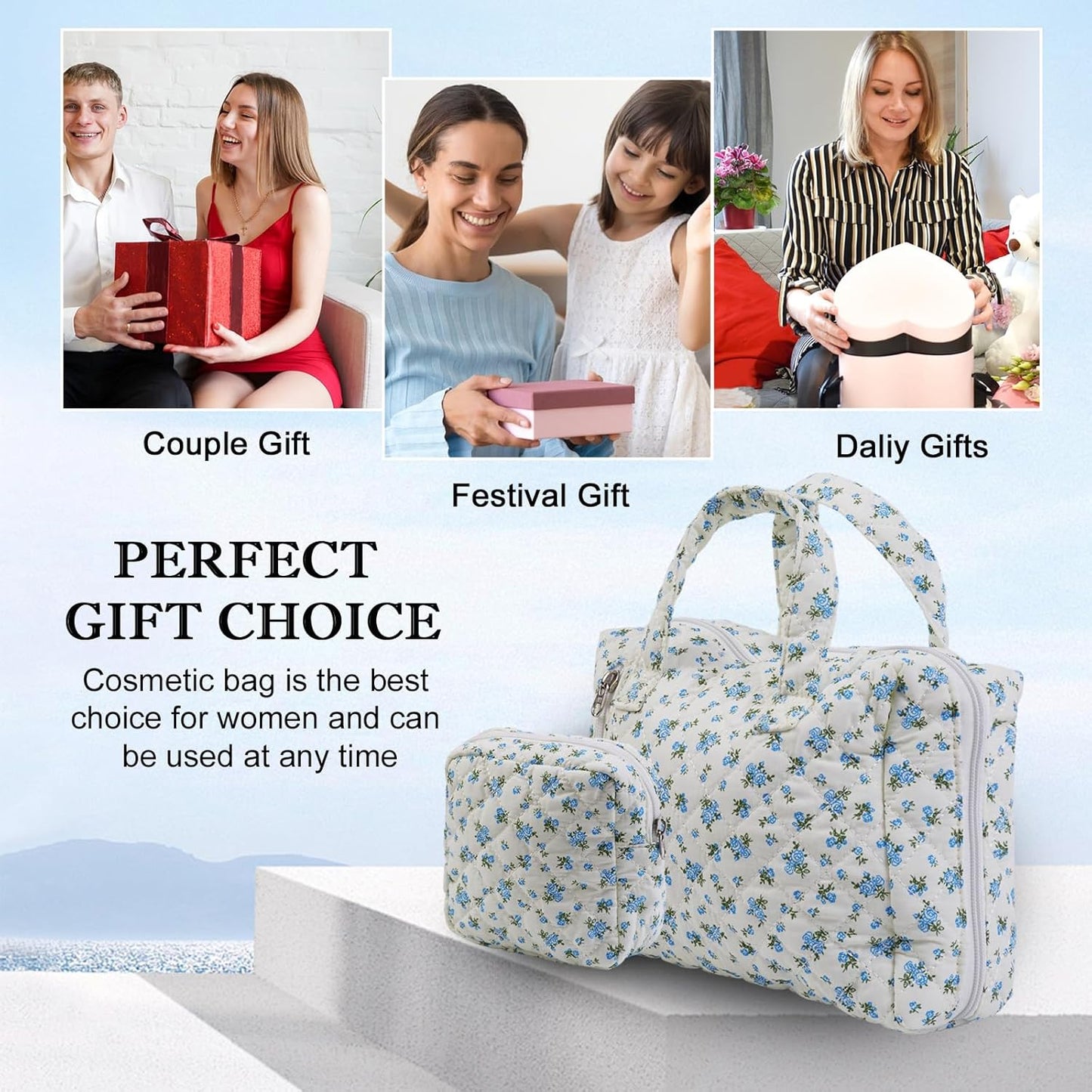 Cute Quilted Floral Makeup Bag(2Pcs),Coquette Aesthetic Cosmetic Bag,Travel Toiletry Bags, Kawaii Aesthetic pouch for Women (13-Blue)