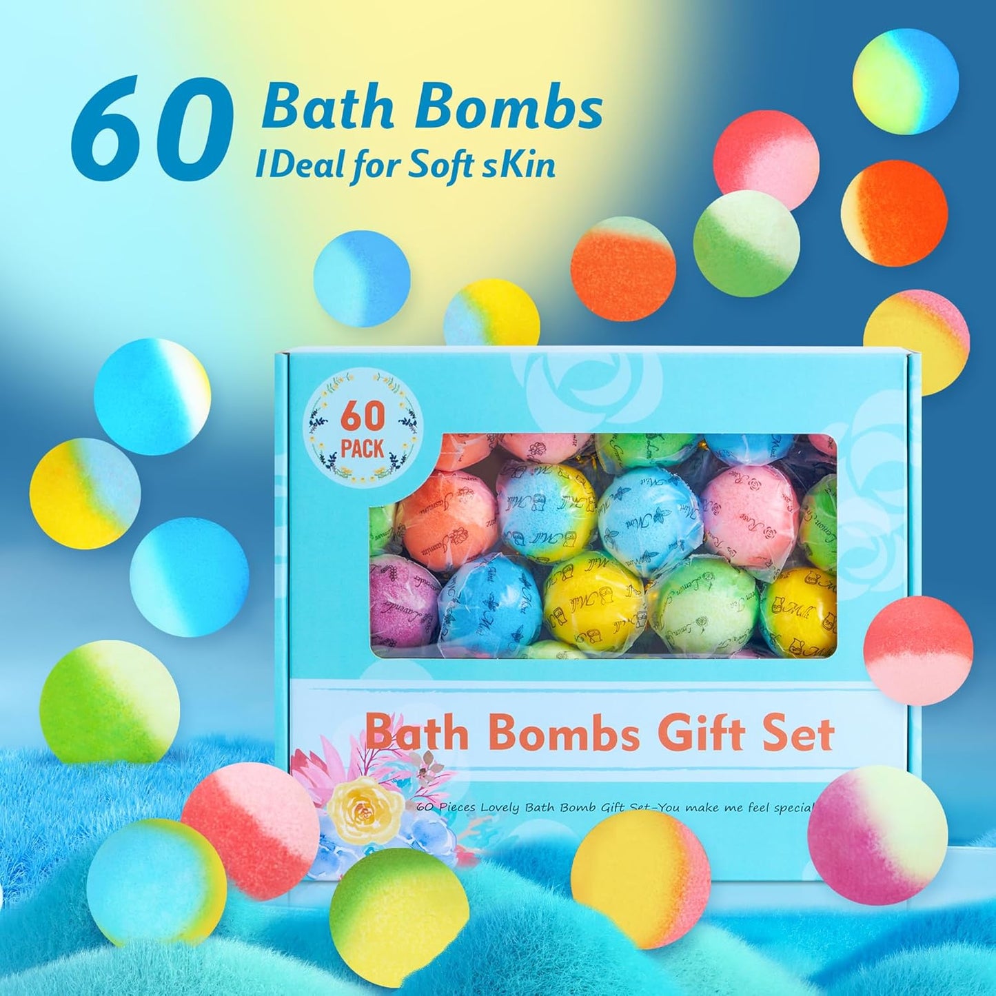 60 Pcs Bath Bombs Set - Massive Quantity Natural Bath Bombs for Kids/Women/Men Individually Wrapped Handmade Organic Bath Supplies Relaxing Kit - for Birthday, Christmas, Mother's Day