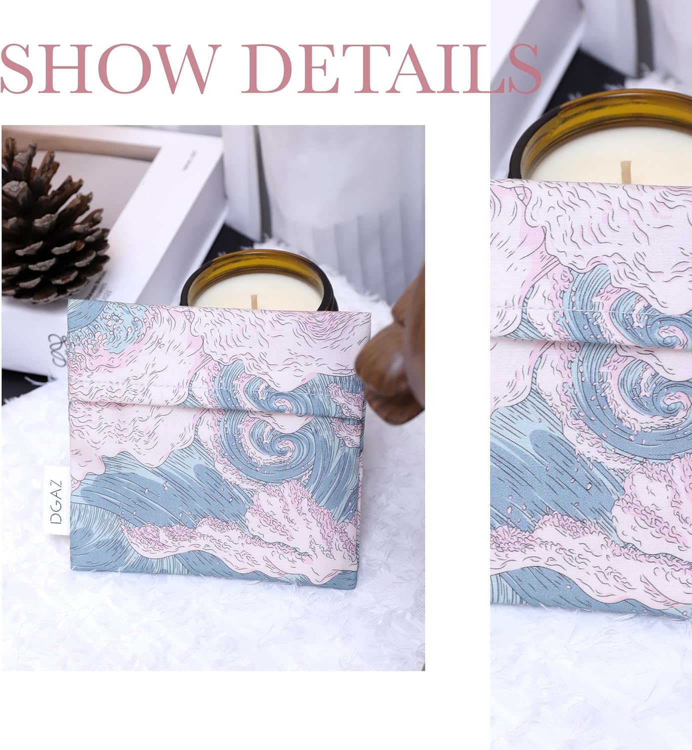 DGAZ Sanitary Napkin Storage Bag, Period Bag for Teen Aged Girls, Portable Period Bag for Panty Liners/Menstrual Cup/Small Tampons,Mini Makeup Bag for Purse(Sea and Waves)