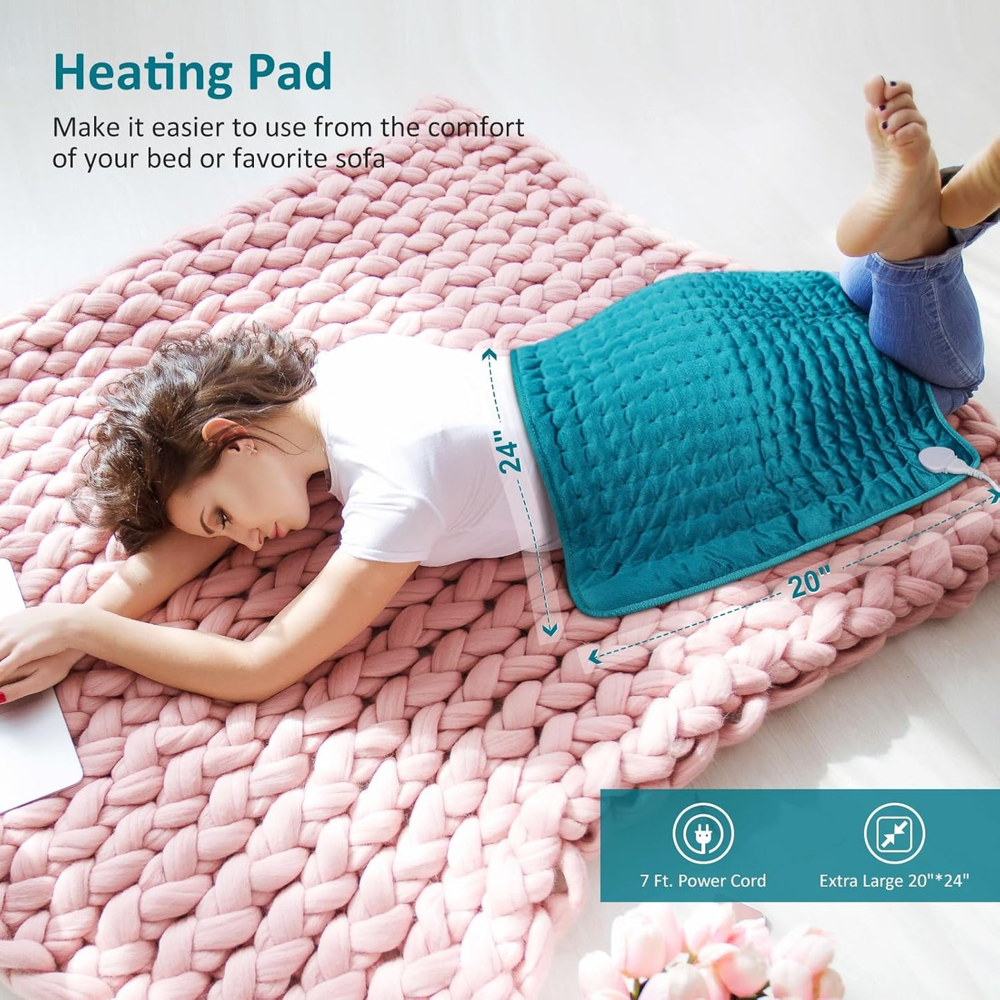 Electric Heating pad for Back/Shoulder/Neck/Knee/Leg Pain, Cramps and Arthritis Relief, 6 Fast Heating Settings, Auto-Off, Machine Washable, Moist Dry Heat Options, Extra Large 20"x24"