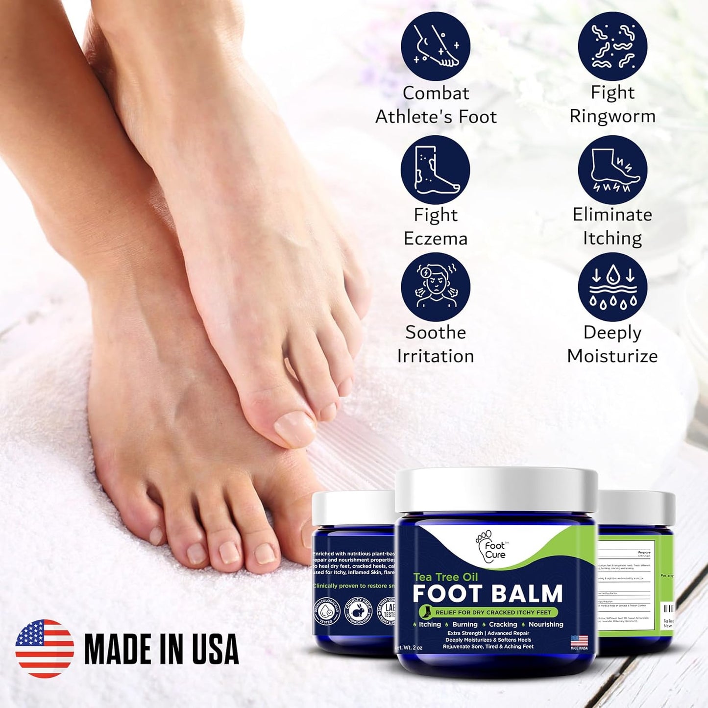 Tea Tree Oil Balm – Moisturizer for Dry Cracked Feet – Instantly Hydrates & Soothes Irritated Skin & Athlete's Foot – Best Care for Women and Men – Made in USA