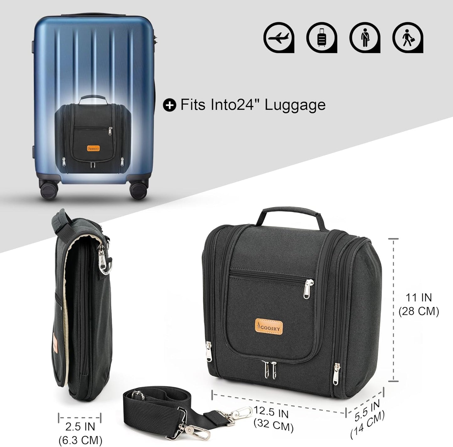 Hanging Travel Toiletry Bag for Women and Men, 6 Organizer Compartments, Large Toiletries essentials, Bathroom Cosmetic Accessories, Water-resistant Makeup Bag, Holds Full-Size Shampoo, Black