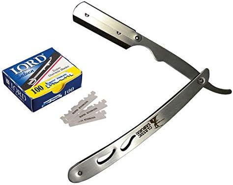 CS-102 Stainless Steel Professional Barber Straight Edge Razor with 100 Lord Single Edge Razor Blades (Silver Metal)