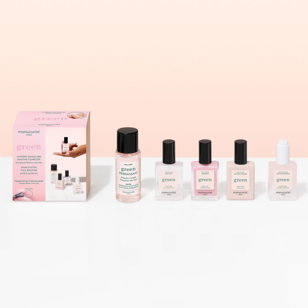 Manucurist System Green Pink (Hortencia) - Professional Manicure Set, Vegan & Plant-Based : 1 Nail Prep, 1 Base Coat, 1 Pink Nail Polish, 1 Top Coat, Drying Drops - No Lamp - Beauty Gift For Woman