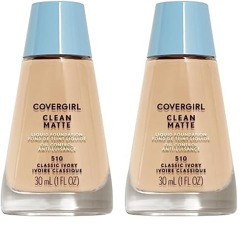 COVERGIRL Clean Matte Liquid Foundation Classic Ivory, 1 oz, Water Based, Moisturizing, Oil Absorber, Cruelty Free (Pack of 2)