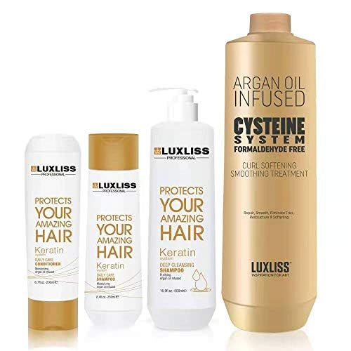 Cysteine System Curl Softening Smoothing Treatment and Keratin Daily Care Shampoo & Conditioner 4PCS Set Professional Results Straightens and Smooths Hair Formaldehyde Free 100% Safe