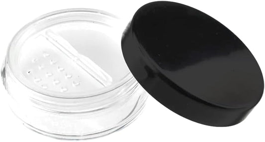 HAHIYO 1Pcs 10ml/0.34oz Plastic Empty Travel Compact Case Makeup Cosmetic Jar Refillable Powder Box No Leak Powder Holder with Rotatable Sifter and Black Screw Lid