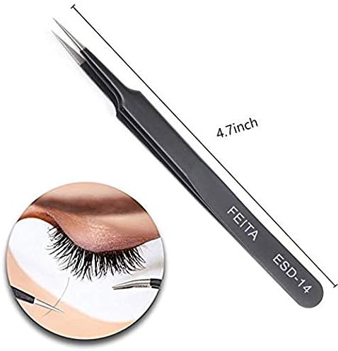 Eyelash Tweezers - FEITA Precision Eyelash Extension Tweezers Set - Professional Straight & Curved Pointed Very Fine Tip Tweezers for Lash Extensions - Black - 2Pcs