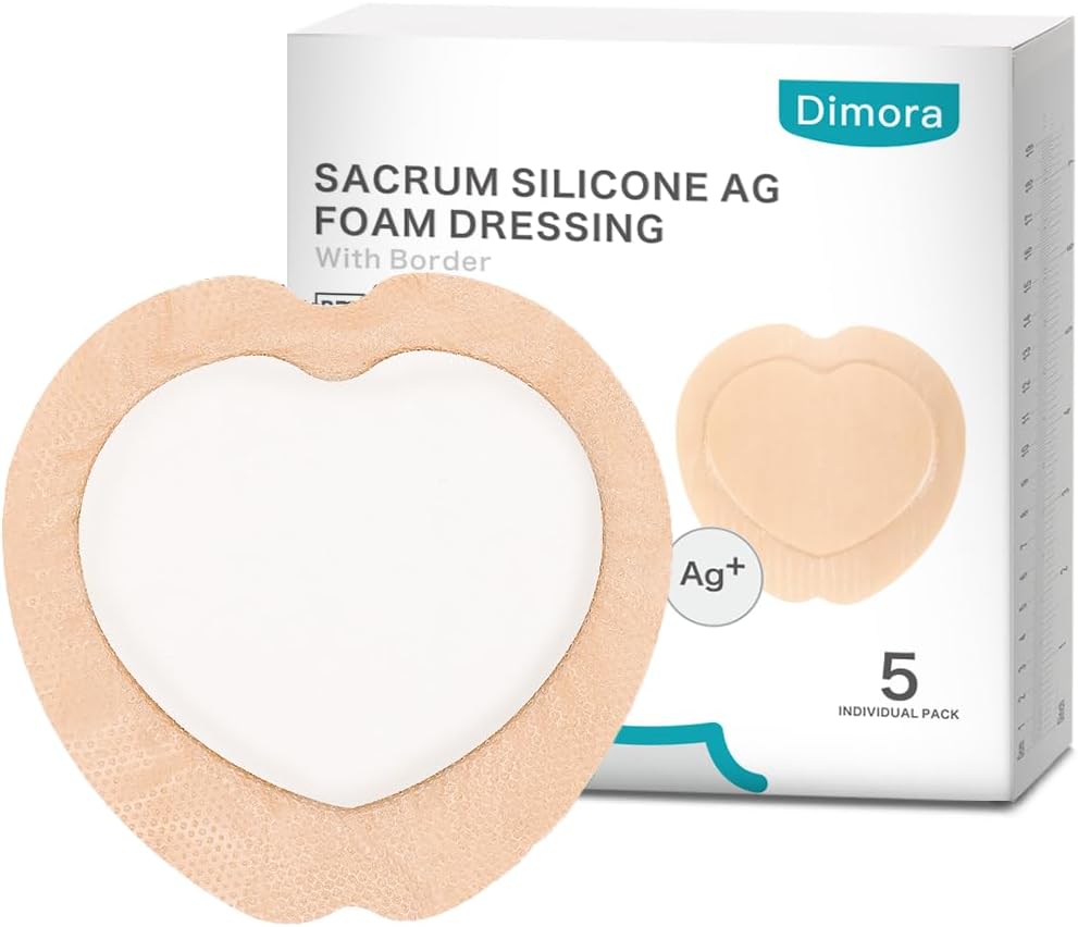 Dimora Ag Silver Sacrum Foam Wound Dressing Bandages Silicone Adhesive Border 7"x7" Waterproof Sacral Pads Absorbent Breathable Bed Sore Pressure Dressing