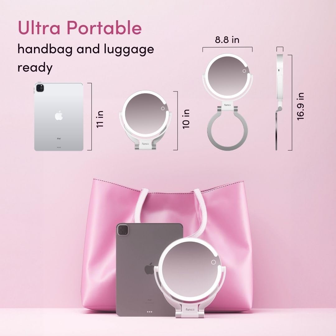 Fancii Travel Magnifying Mirror 10x /1x with Lights, Rechargeable | 9-Inch Extra Large LED Lighted Makeup Mirror, Folding Double Sided Portable Vanity Mirror, 3 Light Settings, Touch Sensor (Sadie)